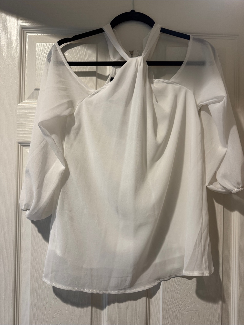 CBR White One-Shoulder Tie-Neck Blouse